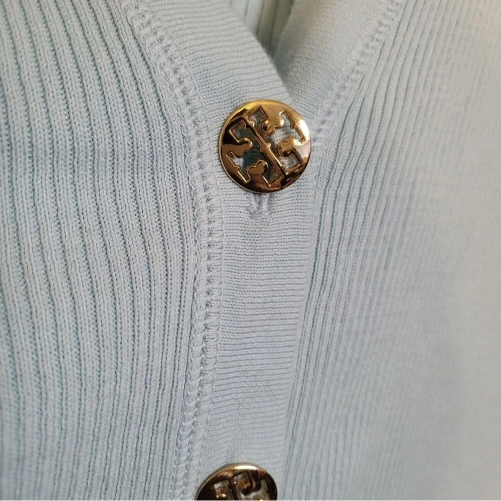 Tory Burch Simone Ribbed Button Down Cardigan Blue Gold Cotton Sz S